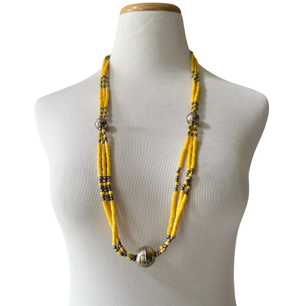 Vintage 1970s Yellow & Silver Beaded Statement Necklace Long Festival Boho